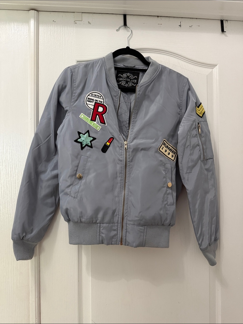 Chocolate Light Gray Bomber Jacket with Colorful Patch Accents